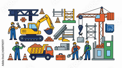A colorful illustration of various construction vehicles and workers