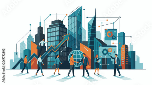 A stylized illustration of business professionals walking in front of a modern cityscape with graphs