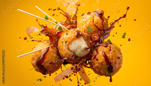 Fried Takoyaki Balls Splashing with Sauce on Yellow Background