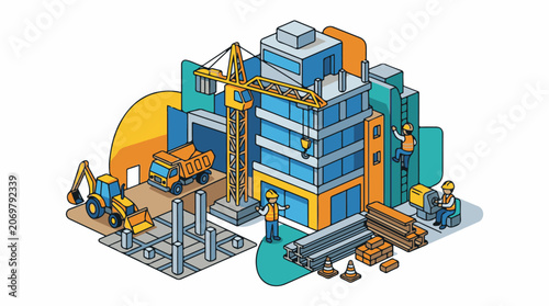 Construction site with workers and equipment.