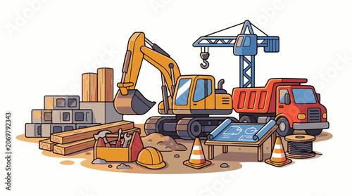 Construction site with heavy machinery equipment.