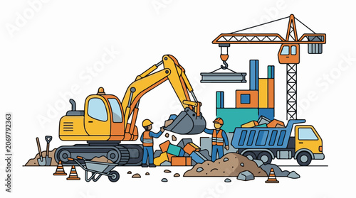 Construction site with excavator and workers.