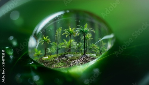 Miniature tropical forest reflected inside water droplet on green leaf