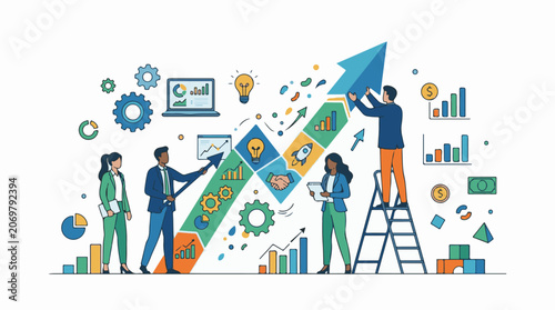 A colorful illustration of four business professionals working together to create a large arrow pointing upwards surrou