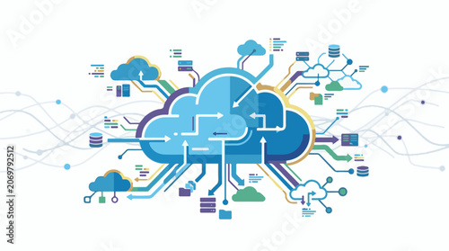A blue cloud with arrows and lines connecting to smaller clouds and databases