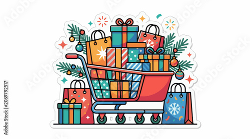 Colorful illustration of a shopping cart filled with presents and bags