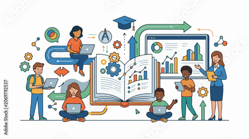 A colorful illustration of students and teacher with laptops and books