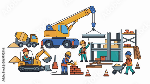 Construction workers with heavy machinery building.