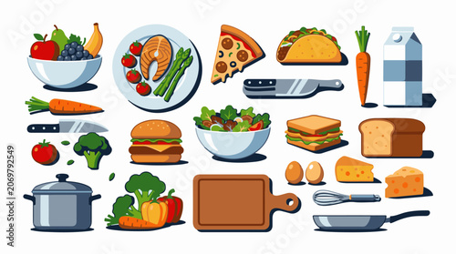 Colorful pixel art illustration of various food items