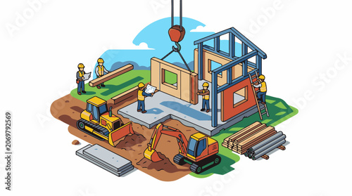 Construction site with workers building house.