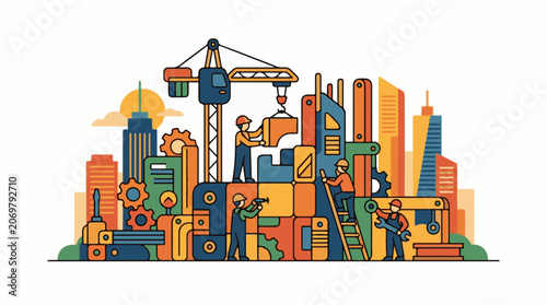 A colorful illustration of workers building a cityscape with a crane and machinery
