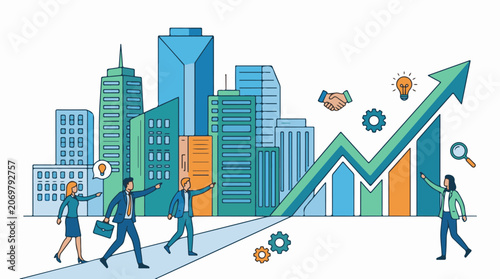 A colorful illustration of business professionals walking towards a rising graph in a city