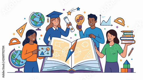 A colorful illustration of four diverse students surrounded by education-related objects