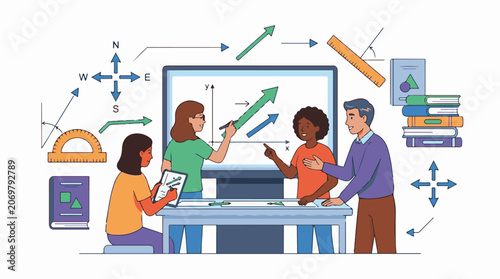 A colorful illustration of three people collaborating around a large computer screen displaying coordinate axes and arro