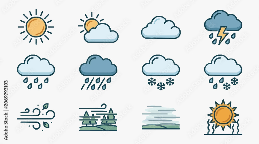 Obraz premium Elegant Collection of Minimalist Weather Icons Featuring Sun Clouds Rain Snow Storms and Fog in Soft Pastel Colors