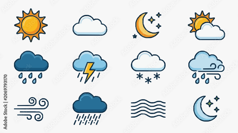 Obraz premium Sleek Colorful Weather Icons Set Featuring Sunny Cloudy Stormy Snowy and Nighttime Scenes in Flat Design