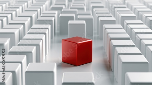 Standing Out Red Cube: A single vibrant red cube is highlighted amidst a sea of identical white cubes, symbolizing individuality, uniqueness, and standing apart from the crowd.