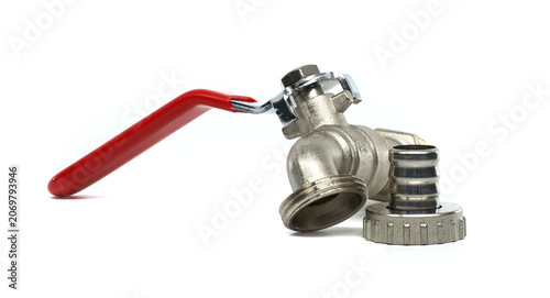 Shiny metal ball valve with red handle and hose connector on white background
