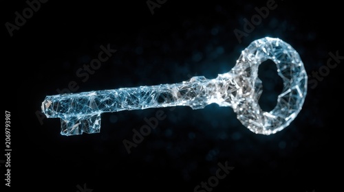 The Digital Key of Innovation: An abstract, futuristic key crafted from glowing geometric fragments and digital light floats against a dark, nebulous background.