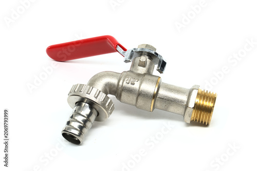 Brass garden tap with red lever handle and hose connection on white background