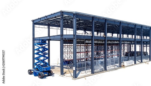 A steel frame construction with several levels, an aerial lift, and an open design. Isolated on white