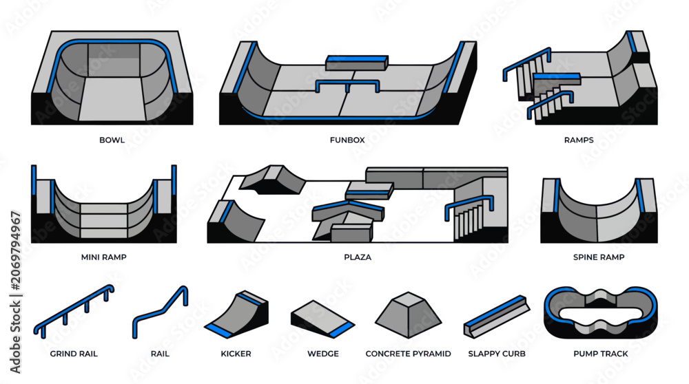 Naklejka premium Skatepark equipment set with ramps bowls rails and obstacles