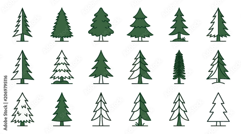 Fototapeta premium Collection of minimalist evergreen pine and spruce tree icons