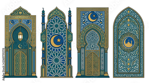 Foto Ornate islamic archways with crescent moon and geometric patterns