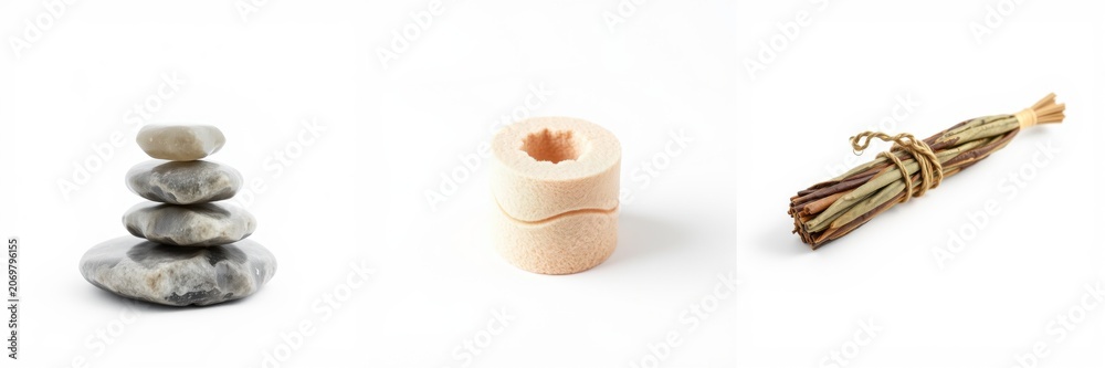 Fototapeta premium Stacked stones, candle, whisk. Minimalist composition, neutral background, spa elements, relaxation theme, simple objects.