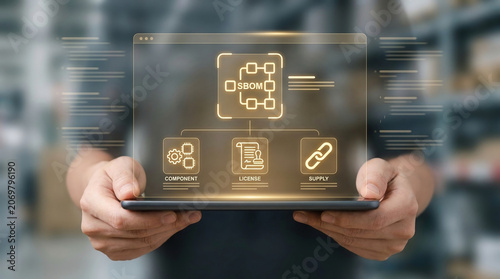 Software Bill of Materials SBOM Digital Interface on Tablet for Supply Chain Management, Cybersecurity, and Software Transparency in Logistics.