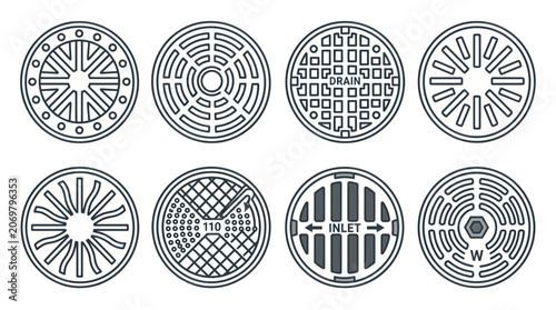 Sewer manhole and storm drain cover linear icon set
