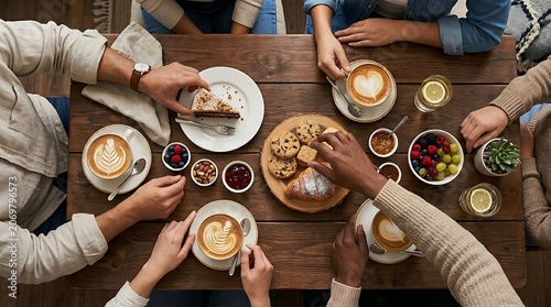 Friends sharing meal with diverse dishes and drinks on wooden table top view