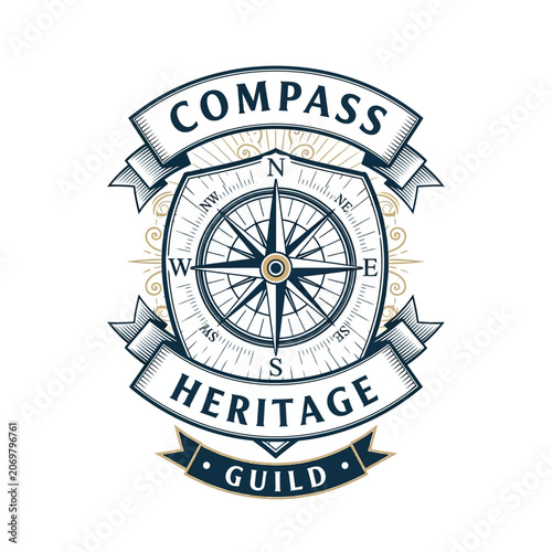 Konstfotografi Nautical compass heritage guild emblem with ornate banners.