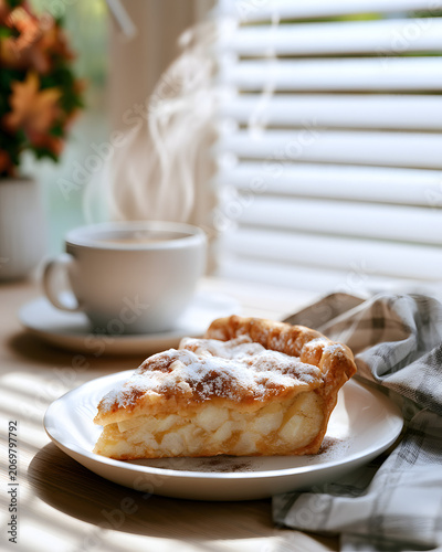 Freshly Baked Slice of Apple Pie with Cinnamon Dusting and Steam Rising on Cozy Kitchen Table