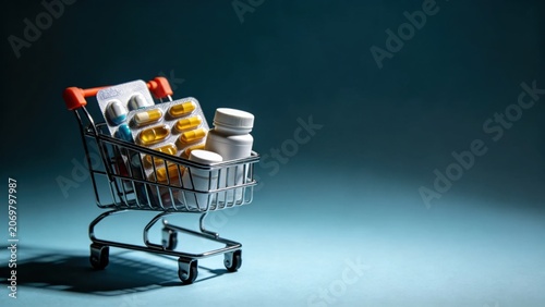 Tiny consumer cart containing over-the-counter medications a