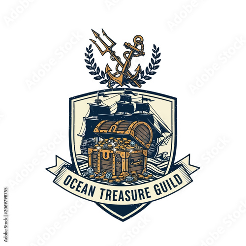 Konstfotografi Ocean treasure guild pirate ship and chest emblem.