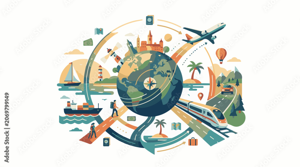 Fototapeta premium A colorful illustration of a globe surrounded by various travel-related icons and modes of transportation