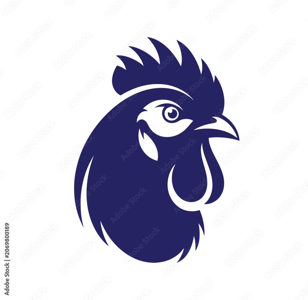 Fototapeta premium Rooster head silhouette with dark blue and white accents white background farm animal bird head graphic design silhouette illustration agriculture domestic