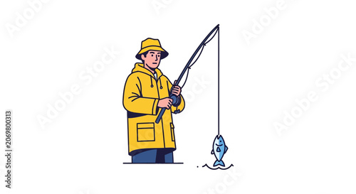 Man in yellow coat fishing outdoors.