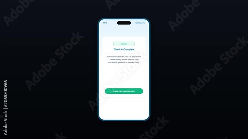 Flight Verification Desk Mobile Application User Interface with Successful Electronic Boarding Pass Satellite Routing Generation Screen Animation