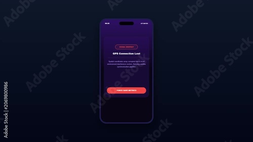 Dark Mode Fitness App UI Mockup with Pink Accent Showing GPS Connection Lost Alert Screen