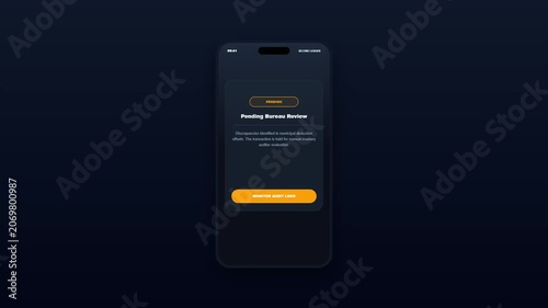 Corporate Tax Statement Mobile Application User Interface with Pending Bureau Review Manual Treasury Auditor Evaluation Screen Animation