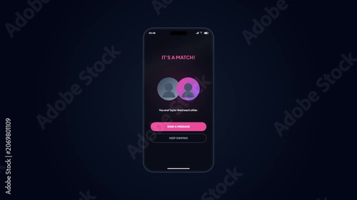 Dating mobile application screen animation showing match celebration with message button options
