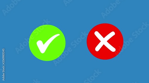 Vibrant green checkmark and bold red cross set on a solid blue background, for ui digital, feedback systems, survey, validation, decision making, and interactive user experience