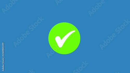 Animated green checkmark isolated on a solid blue background, user interface task completion confirmation, success notifications, and positive feedback systems in digital media