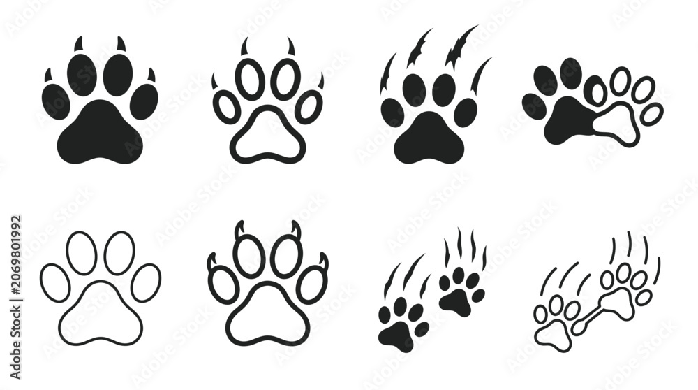 Fototapeta premium Animal paw prints and predator claw marks icon set