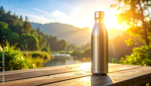 A stainless steel water container sits on wood, sunlit against a blurred backdrop of trees, lake, and mountain. Sunlight flares