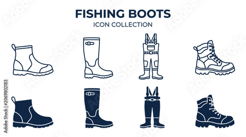 Schilderij op canvas Fishing boots and waders icon collection for outdoor gear