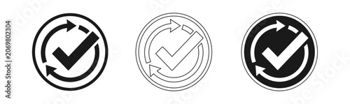 Continuous improvement icons set circular check mark with rotating arrows line art and solid versions