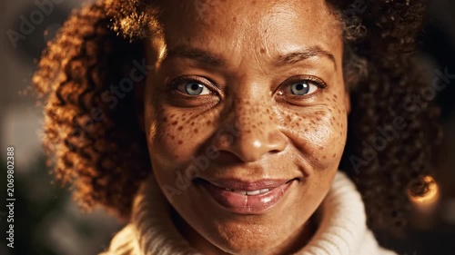 Smiling Black woman with freckles and curly hair wearing a white turtleneck sweater in warm indoor lighting